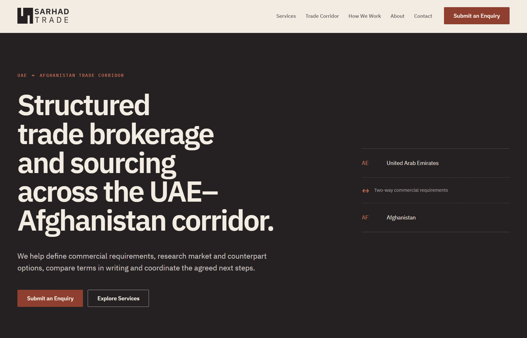 SarhadTrade website home page, an early-stage concept